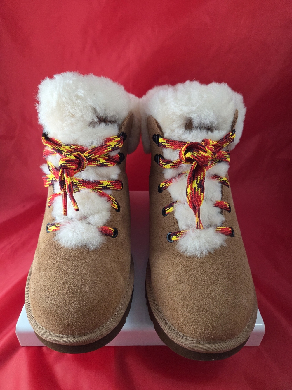 UGG Tan Suede Faux-Fur Winter Boots with Red-Yellow Lace Accents